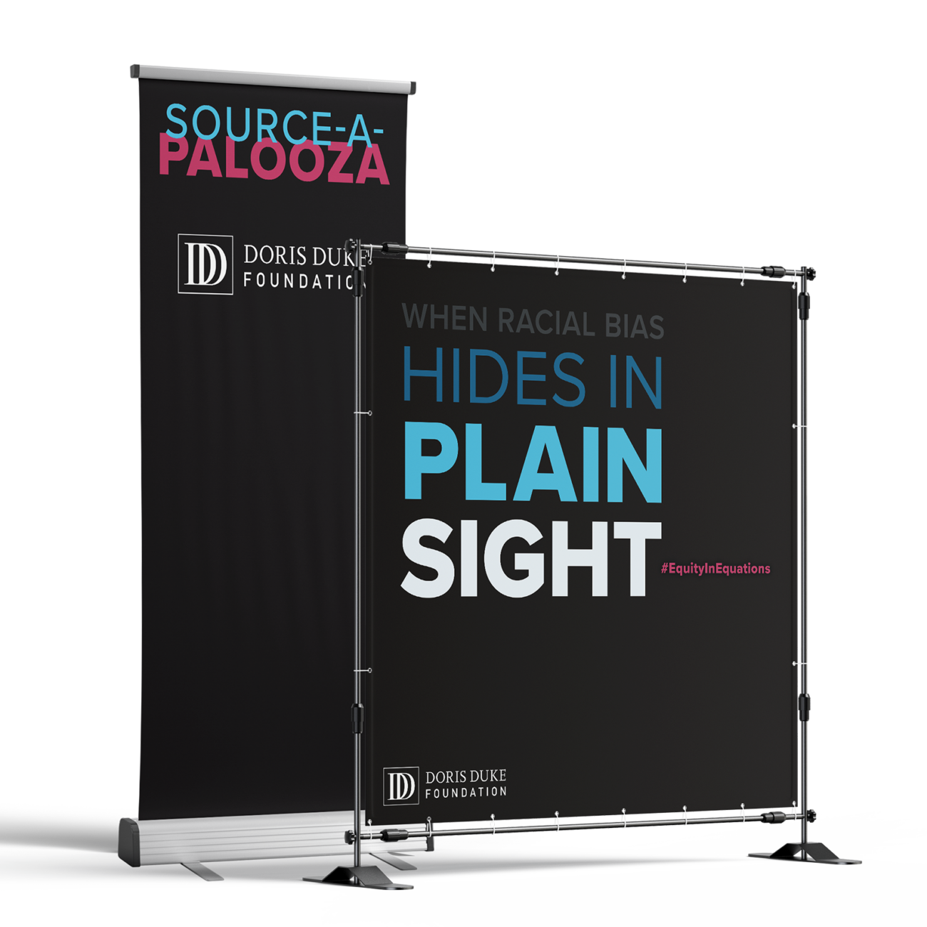 Two black pop up banners — one vertical, one square — that read "When Racial Bias Hides in Plain Sight." Both feature the Doris Duke Foundation logo.