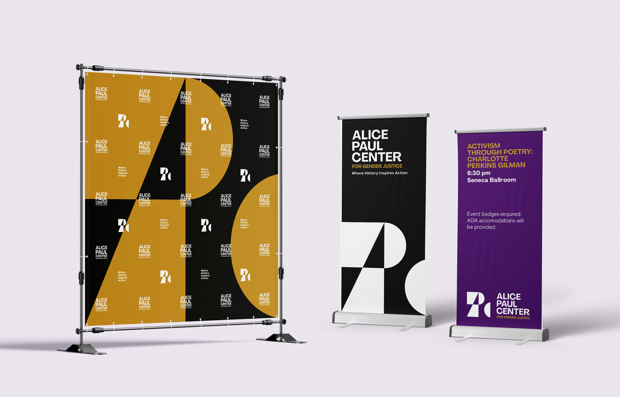 Pop-up banners featuring the Alice Paul Center's new branding