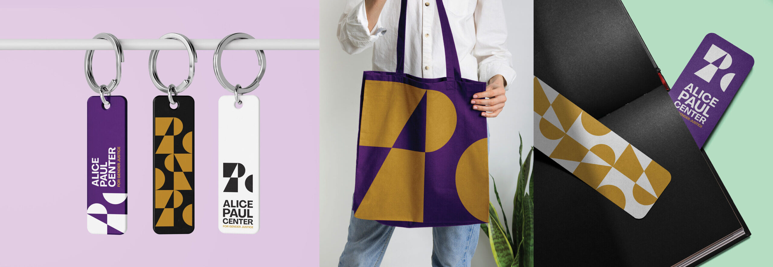 Keychains, a tote bag, and bookmarks featuring the Alice Paul Center's new branding