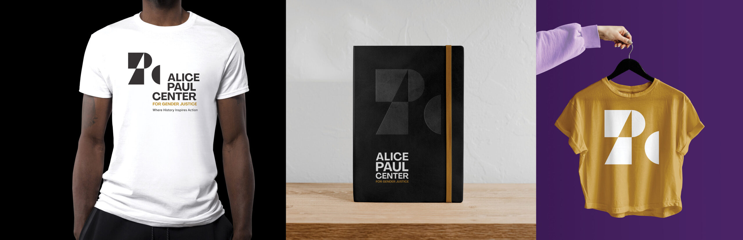 T-shirts and a notebook featuring the Alice Paul Center's new branding