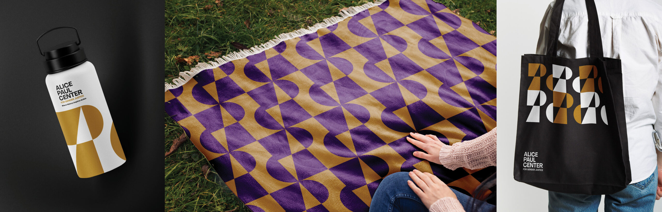 A water bottle, blanket, and tote bag featuring the Alice Paul Center's new branding