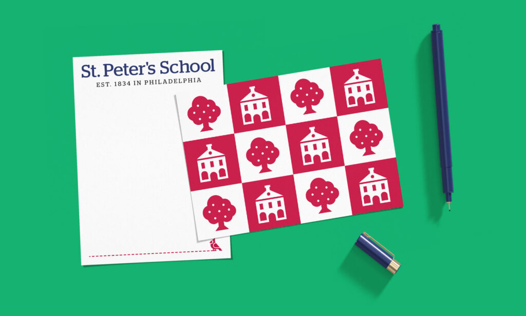 St. Peter's correspondence cards with blue pen and pattern